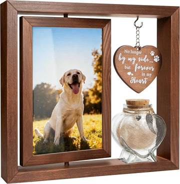 Dog Memorial Gifts for Loss of Pet - Rotating Wooden Frame for 4x6 Photo & Fur Hair Jar - Sympathy Gift for Pet