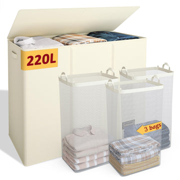 Laundry Hamper 3 Section, Large Laundry Hamper with Lid, Dirty Clothes Hamper with 3 Inner Bags, Collapsible