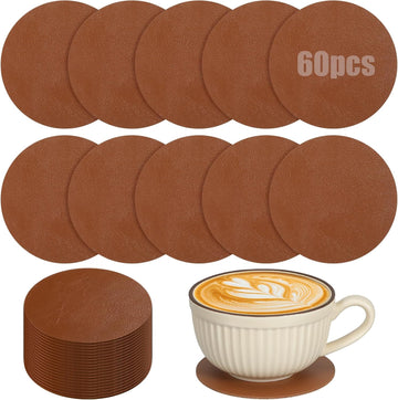 PU Leather Coasters, 4 Inch Round Leather Coasters 10 mm Thickness Brown Drink Coaster, Coffee, Tabletop - Set of 60
