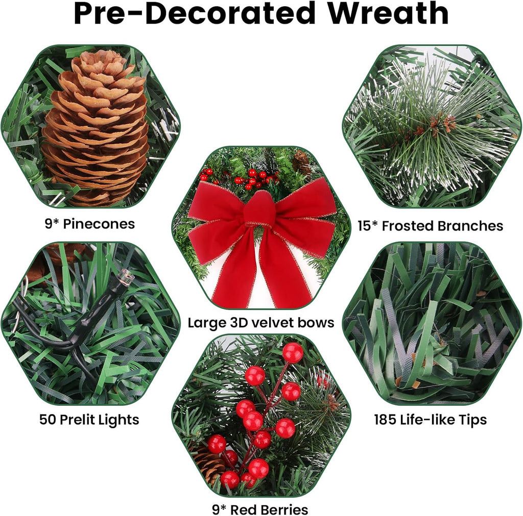 24in Prelit Christmas Wreath for Front Door Christmas Decorations- Timer 8 Light Modes- Battery Operated Lighted