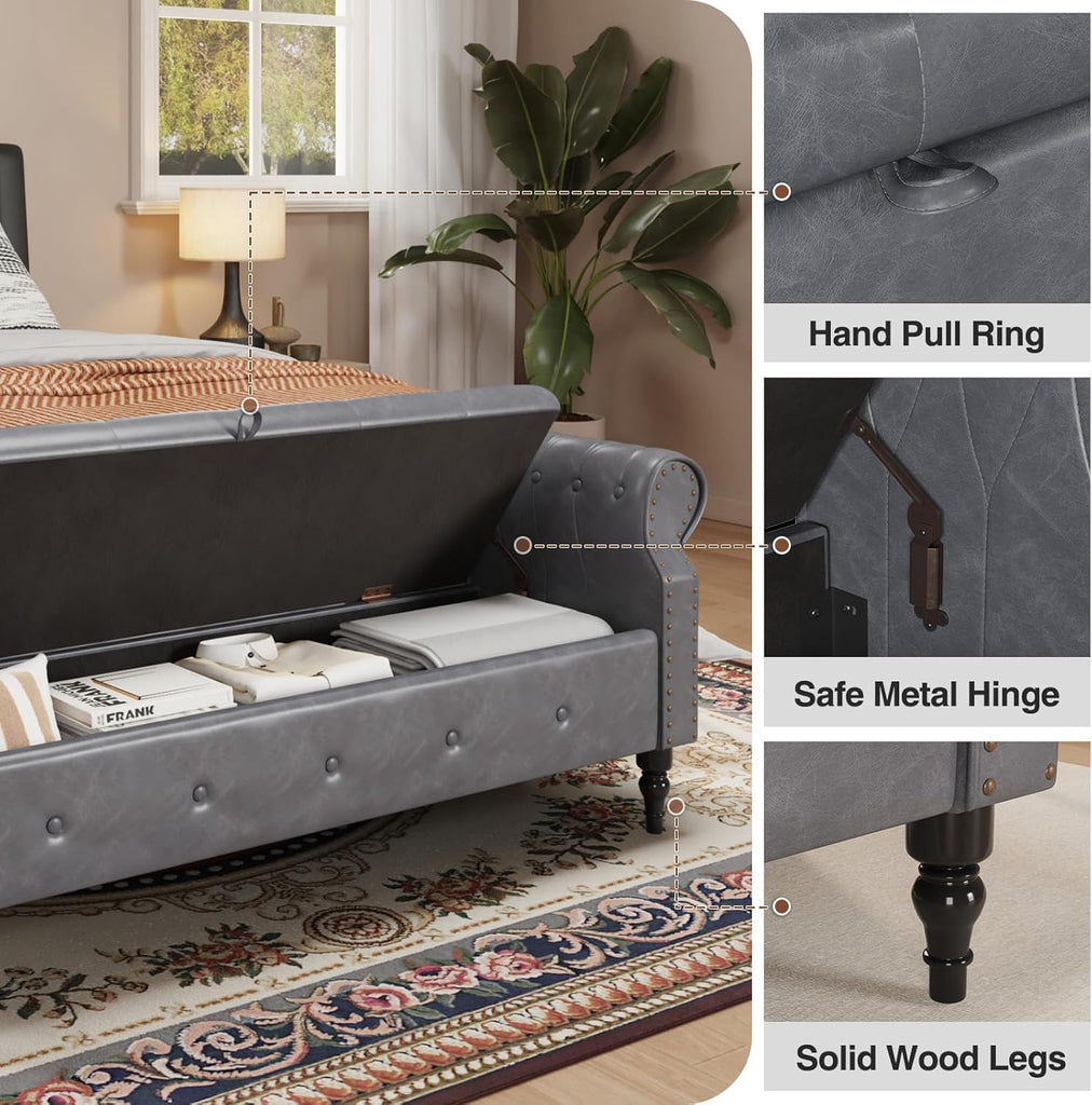 65 Inch End of Bed Storage Bench ,King Size Bed | Large Upholstered Benches for Foot of Bed,Storage Chest with Rolled