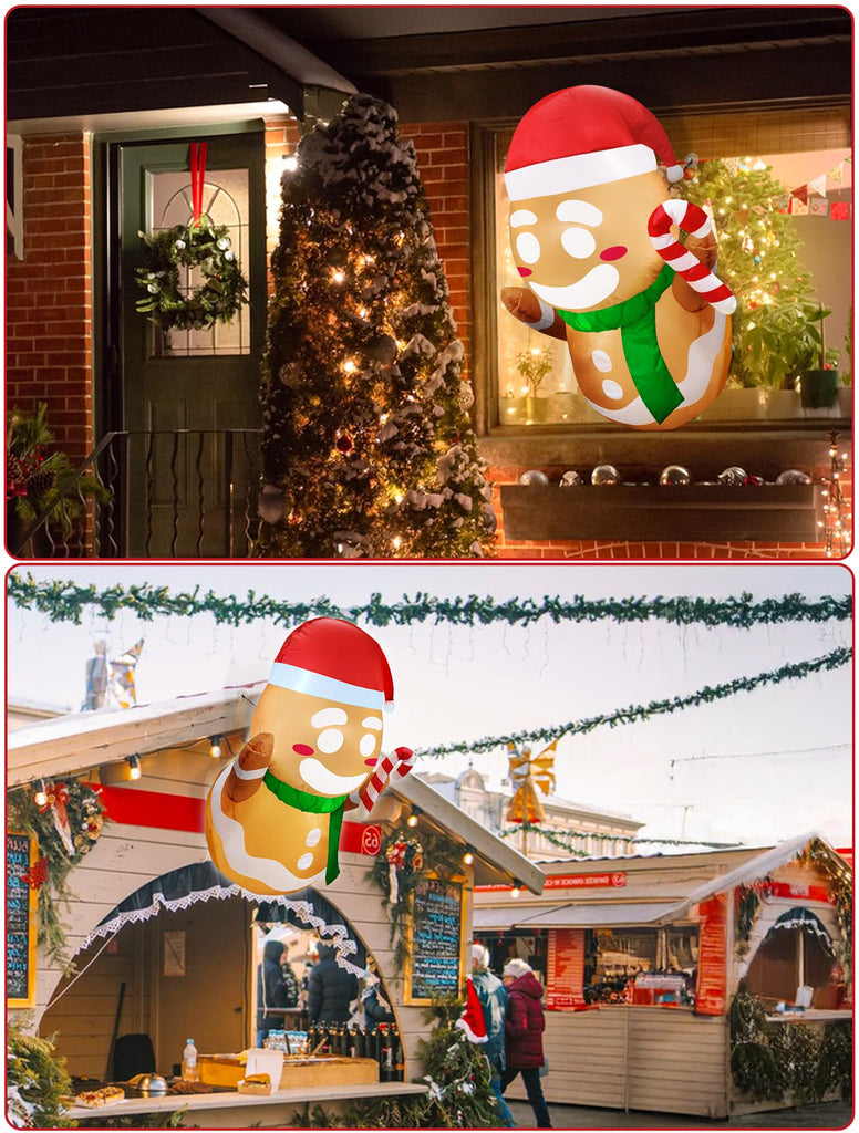 Christmas Inflatable Gingerbread Man Broke Out from Window, Built-in Bright LED Lights 3.5FT Blow Up Xmas Decor