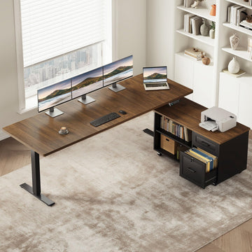 71" L Shaped Electric Standing Desk with Cabinet Sets, Walnut/Black