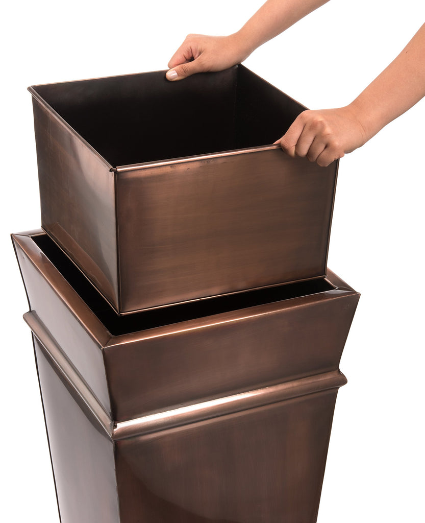 33 Inch Tall Square Planter, Antique Copper, Lift Out Insert