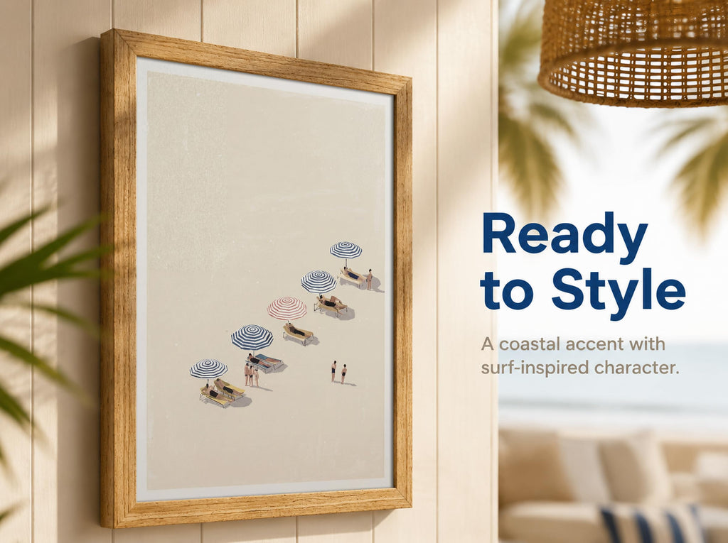 Solid Wood Framed Minimalist Summer Ocean Beach Scene Canvas Wall Art