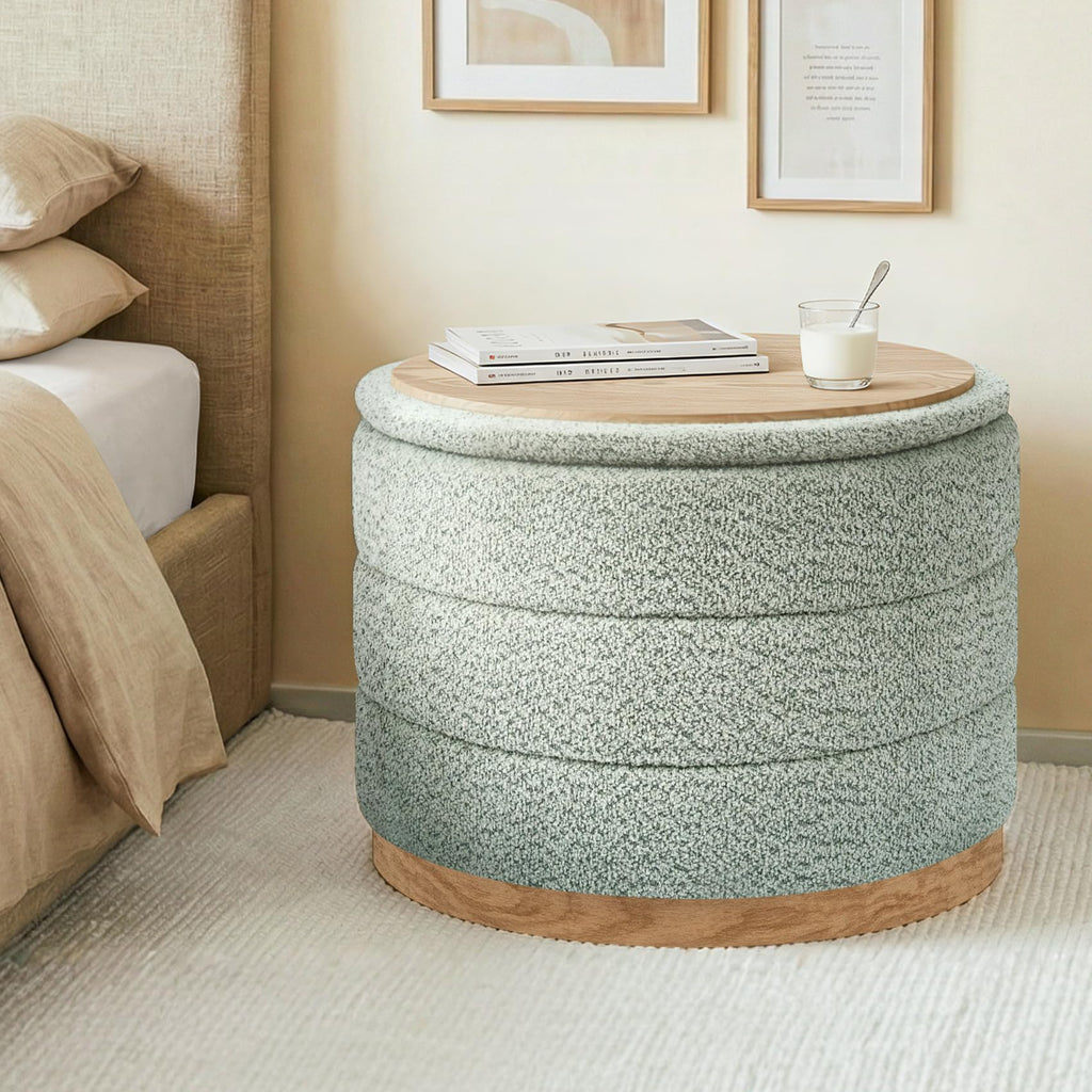 22.8" Round Chenille Storage Ottoman, Reversible Lid, Sage Green