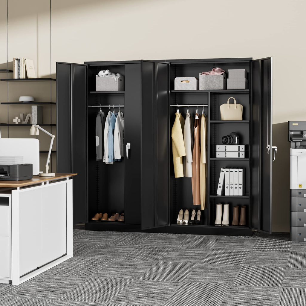 Metal Storage Wardrobe with 2 Doors, Black 72" Steel Storage Wardrobe Cabinet, Employees Locker Closet Clothing Coat