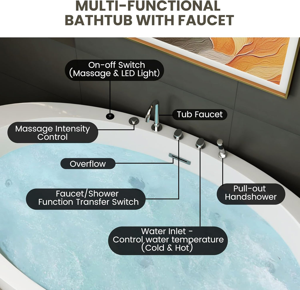 71" Acrylic Freestanding Whirlpool Bathtub, Oval Jetted Soaking Tub with 6 Water Jets & 7-Color LED Lights