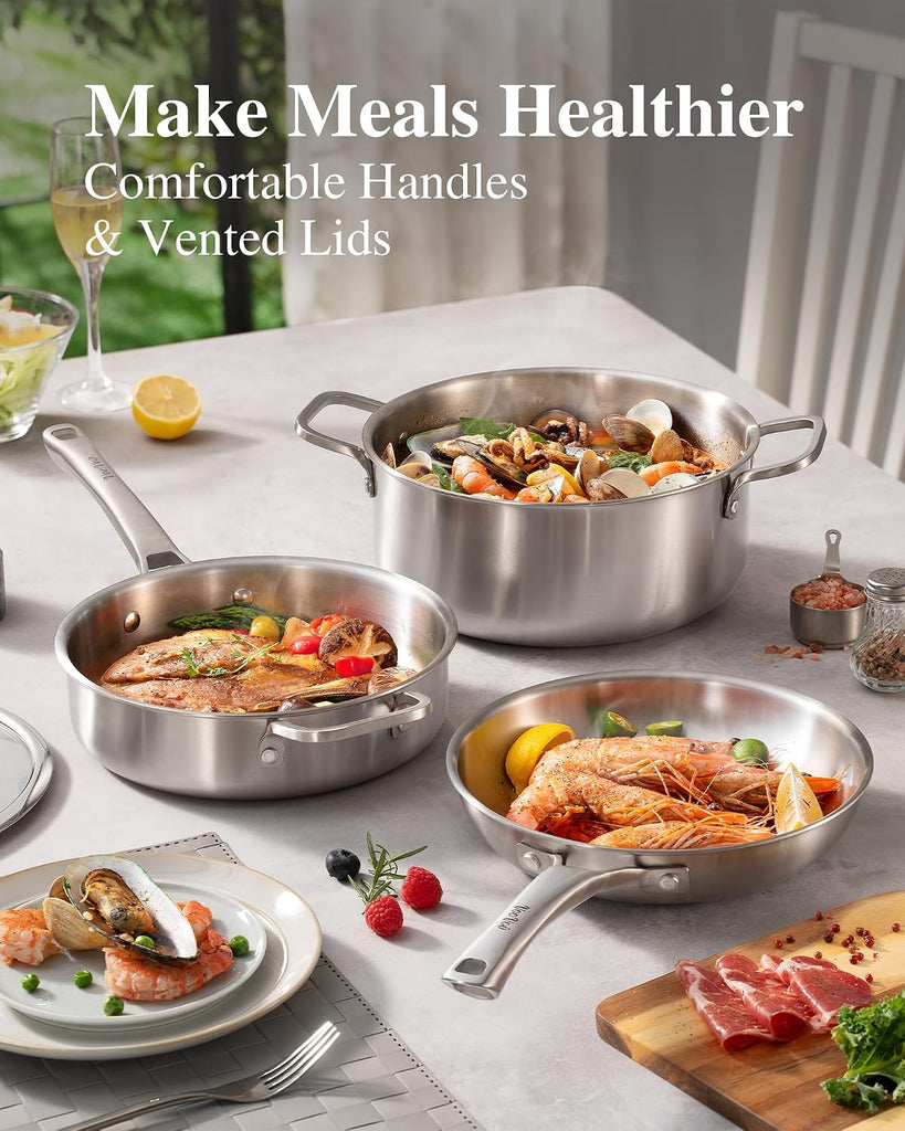 Stainless Steel Cookware Set,Tir-Ply Pots and Pans Set,10 Pcs Stainless Steel Induction Kitchen Cookware Sets,PFOA