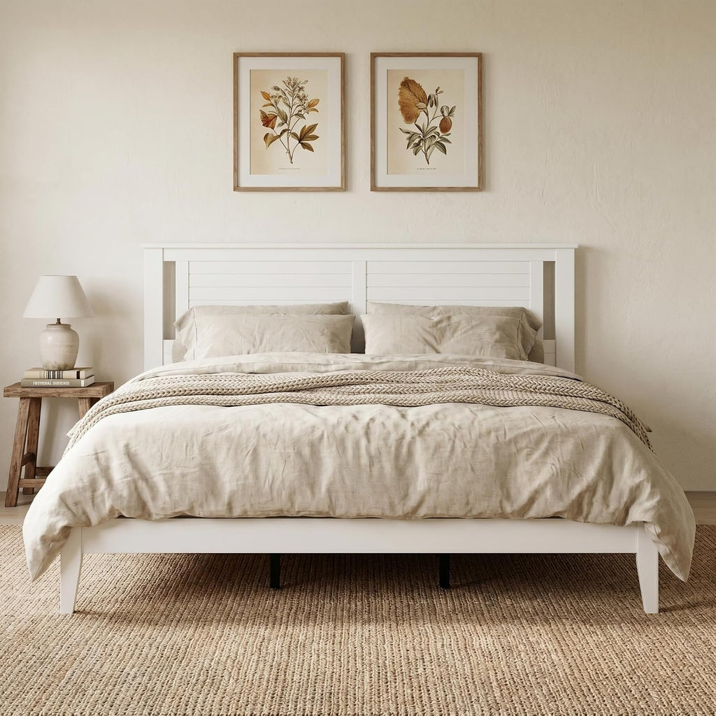 Solid Wood Platform Bed with Wooden Slats - Durable Frame, No Box Spring Required, Ample Underbed Storage, White