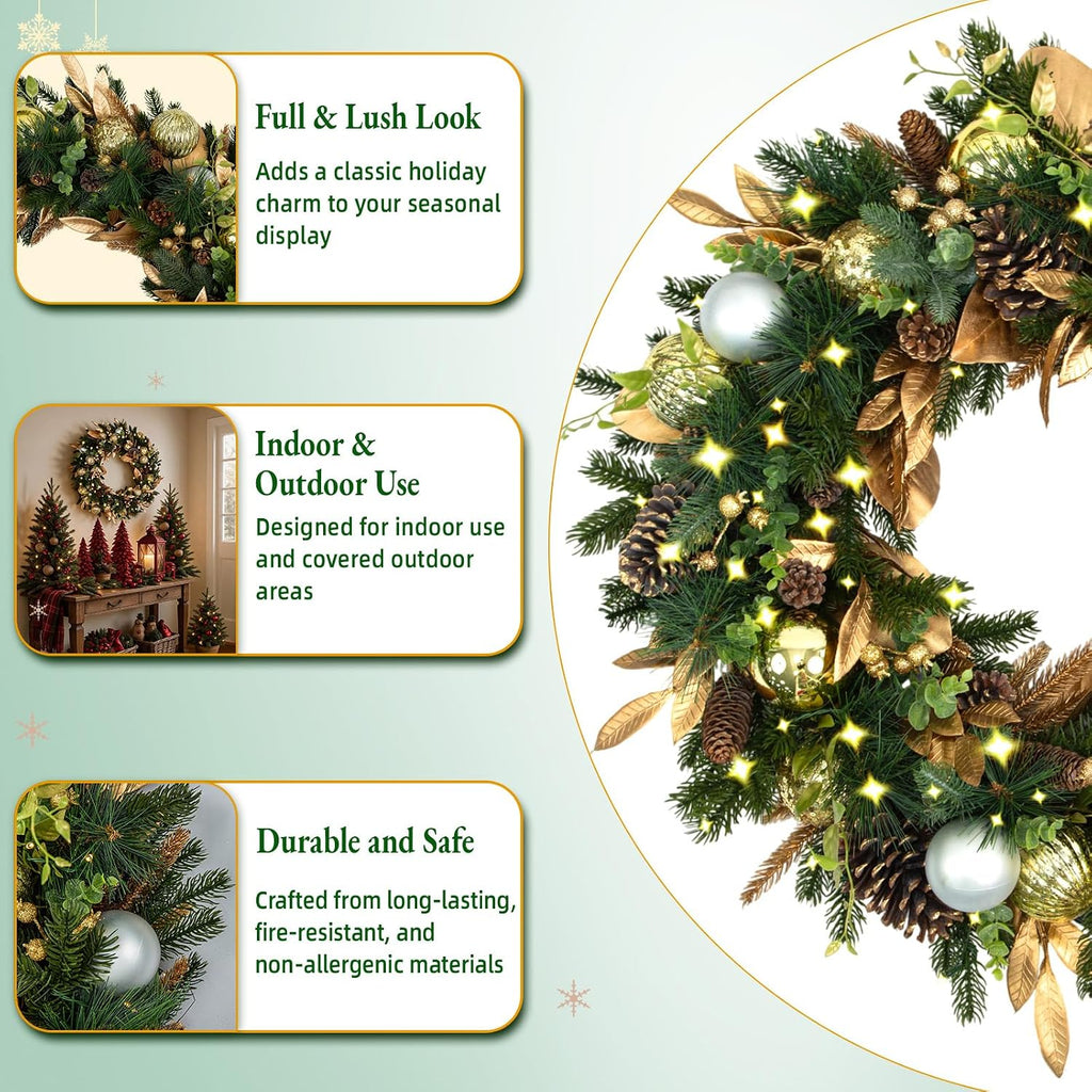 32 Inch Pre-Lit Botanical Christmas Wreath with 60 Warm White LEDs and Timer, Battery Operated Artificial PE & PVC