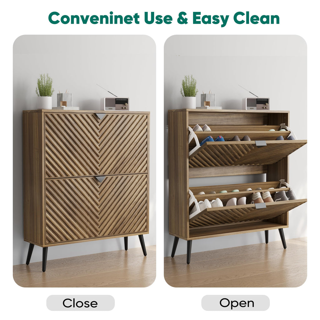 Walnut Shoe Cabinet with 2 Flip Drawers, 31.5" Hidden Shoe Storage Cabinet with Fluted Diamond Doors, Freestanding