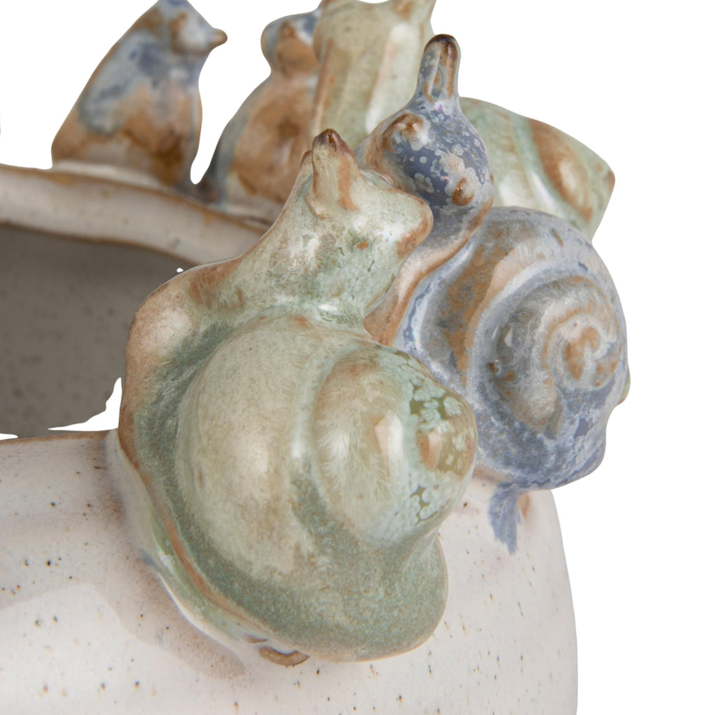 Stoneware Planter with 3D Snails on Rim in Reactive Speckled Glaze, Blue, Green, and Cream Finish