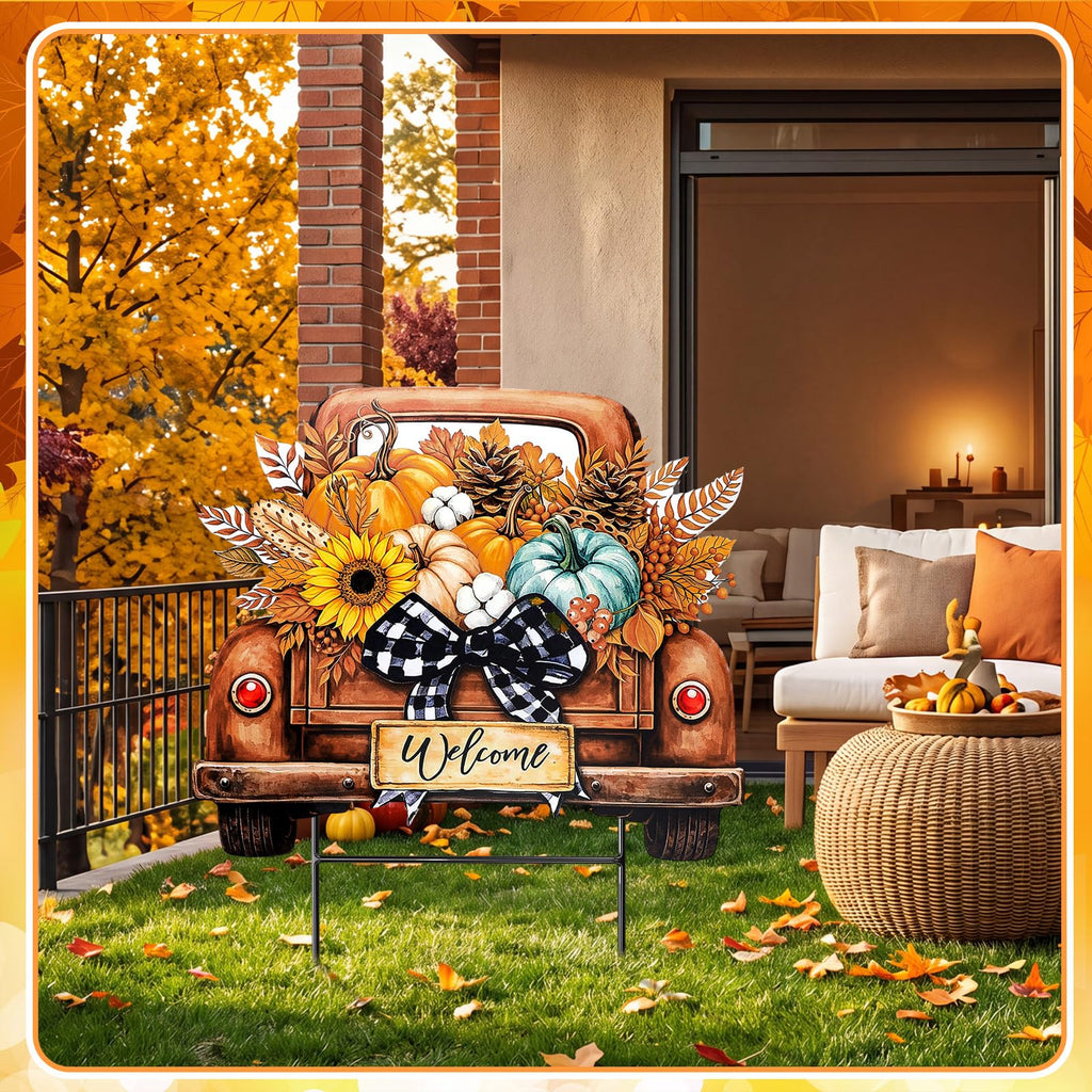 Fall Decor Outdoor Metal Pumpkin Truck Welcome Yard Sign with Bow