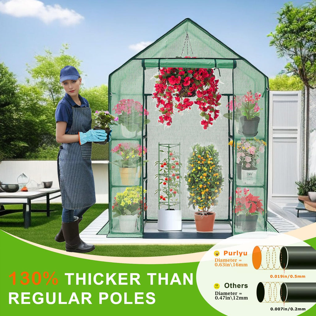 Walk-in Greenhouse for Outdoors w/ Mesh Side Windows, 3 Tiers 6 Shelves PE Cover Green House Portable Warm House for