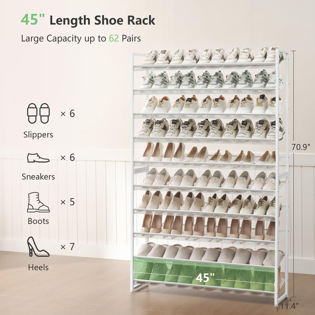 Shoe Rack, Long Shoe Organizer, Max Holds 62 Pairs, 10 Tier Metal Shoe Storage Shelf, 5-Tier Stackable Shoes Organizer