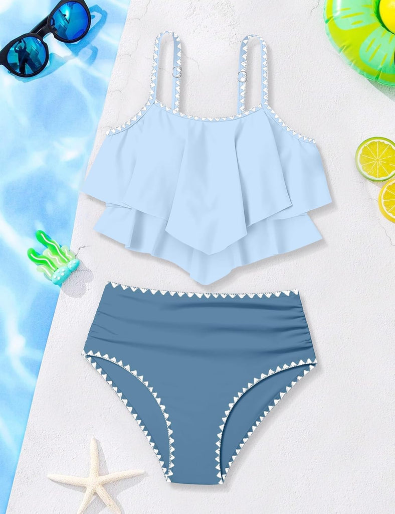 Girls Swimsuit Bikini Set 2 Piece Bathing Suit Tiered Ruffled Contrast Trim Adjustable Straps Girls Swimwear