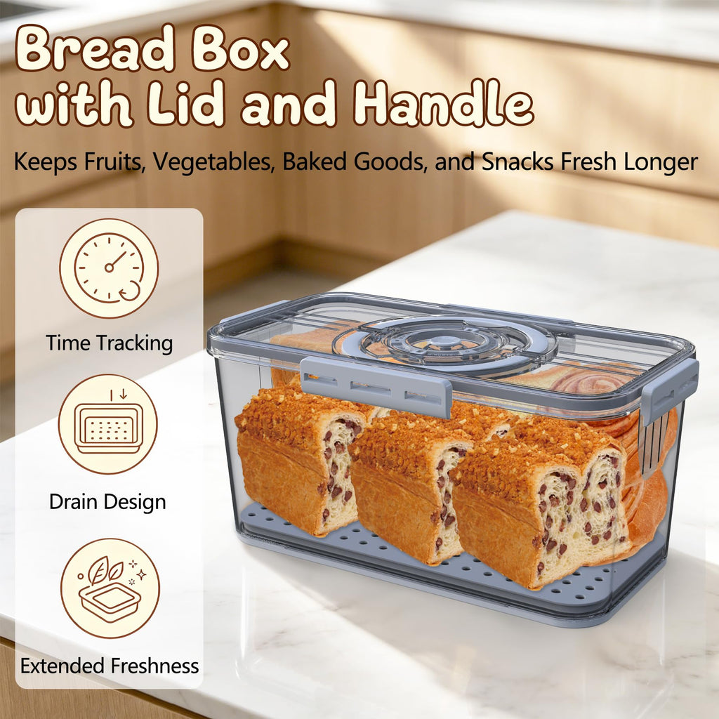 With Lid and Handle,Time Recording Airtight Bread Container Grey