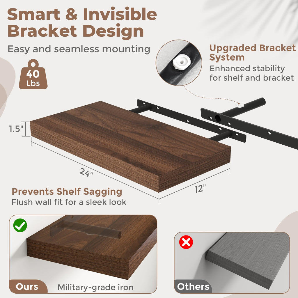 24 Inch Floating Shelves for Wall 2 Pack, 12"D Wood Gra Shelves