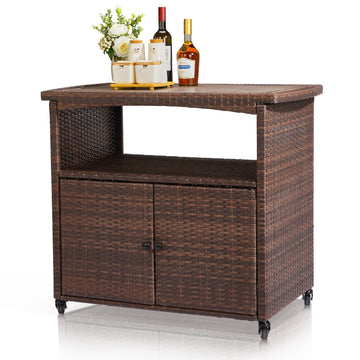 Wicker Outdoor Bar Cart with Storage & Rolling Wheels, Patio Bar Table w/Shelf, Outdoor Storage Cabinet Buffet