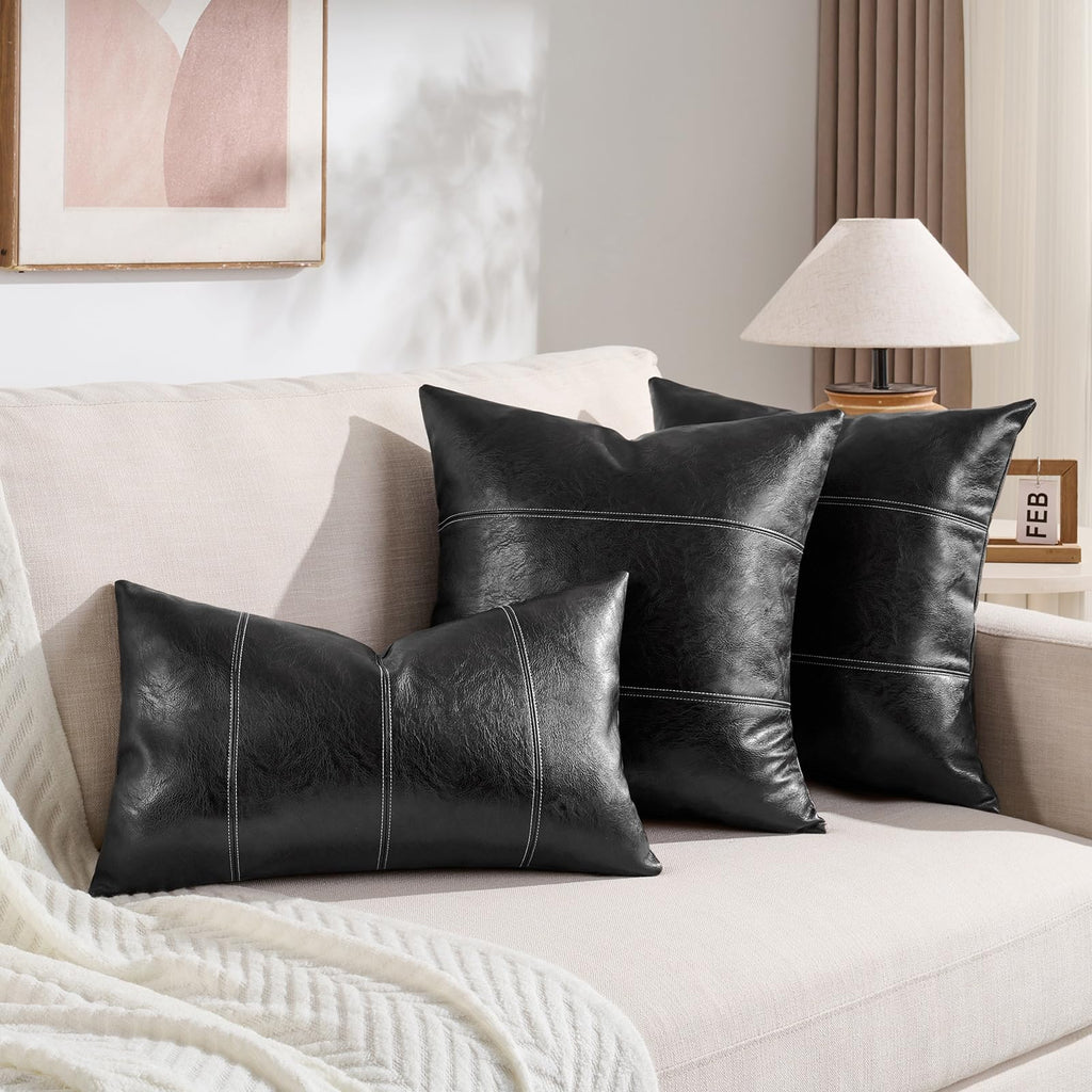 2 Packs Black Boho Faux Leather Decorative Throw Pillow Covers 18x18 Inch Couch Bed Sofa, Rustic Modern Farmhouse