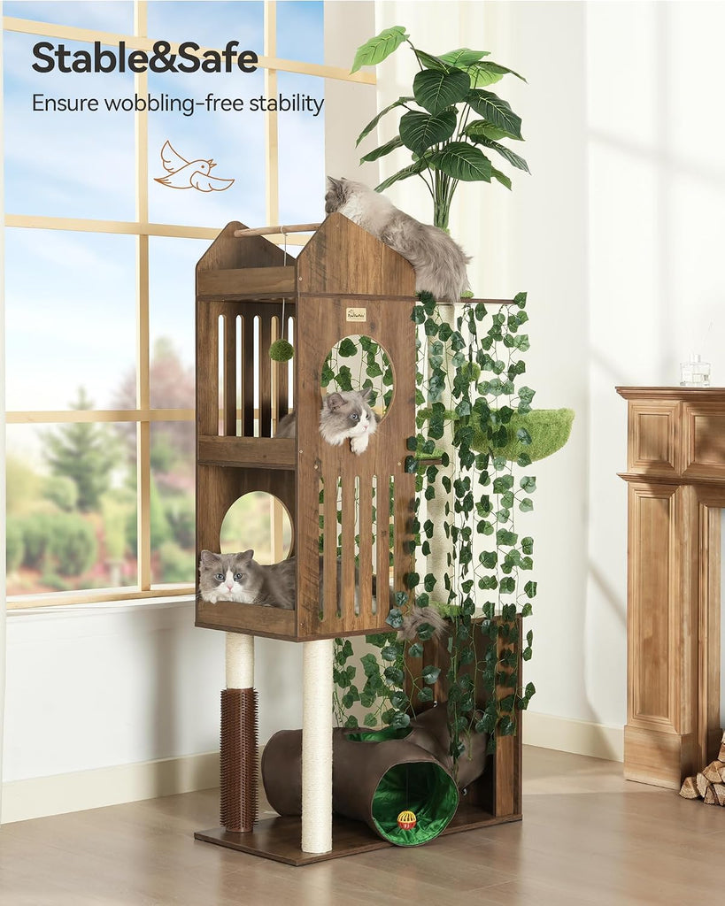 Large Cat Tree with Leaves, 72.8" Tall Cat Tower, Anti-tip Kit