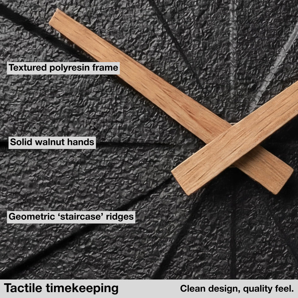 Modern Wall Clock with No Numbers and Wooden Hands. Black, 10.5 Inch