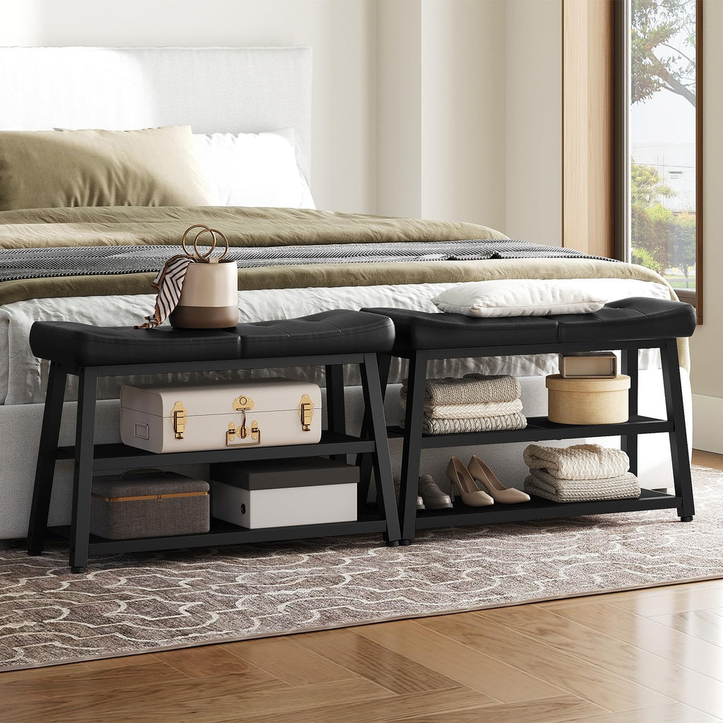 Shoe Bench, 3-Tier Shoe Rack, Entryway Bench with Storage and Cushion, Foyer, Bedroom, Black HX02BB