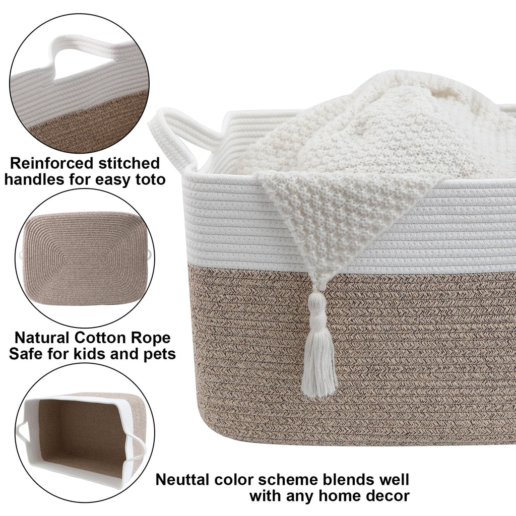 65L Laundry Basket with Handles, Woven Blanket Basket, White/Brown