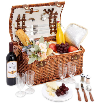 Picnic Basket for 4 People - 18.1 x 12.2 x 10.2 Inches, Brown, Classic - Complete Wicker Picnic Basket Set with