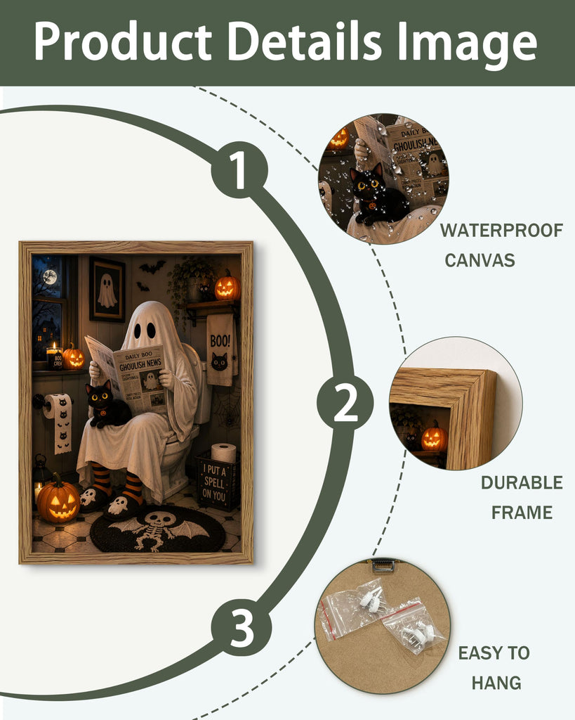 Funny Halloween Bathroom Wall Art, Ghost Black Cat Framed Canvas Print Poster, Cute Spooky Restroom Wall Decor