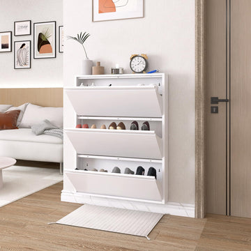 Metal Shoe Cabinet Storage, Slim Wall Shoe Cabinets with 3 Flip Drawers, Wall Shoe Cabinet, White 43" H*31.5" W*6" D