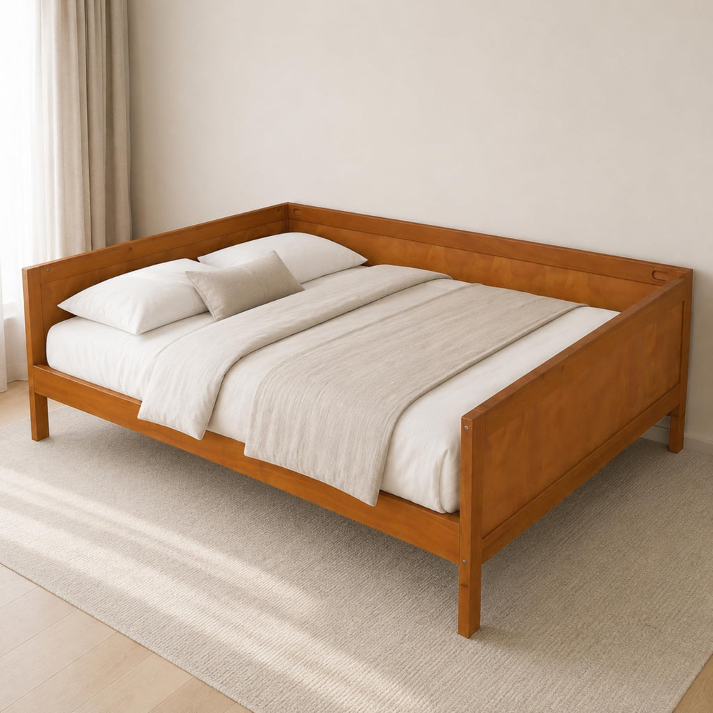 Full Size Mid-Century Modern Wood Daybed with Slat Support, Light Walnut