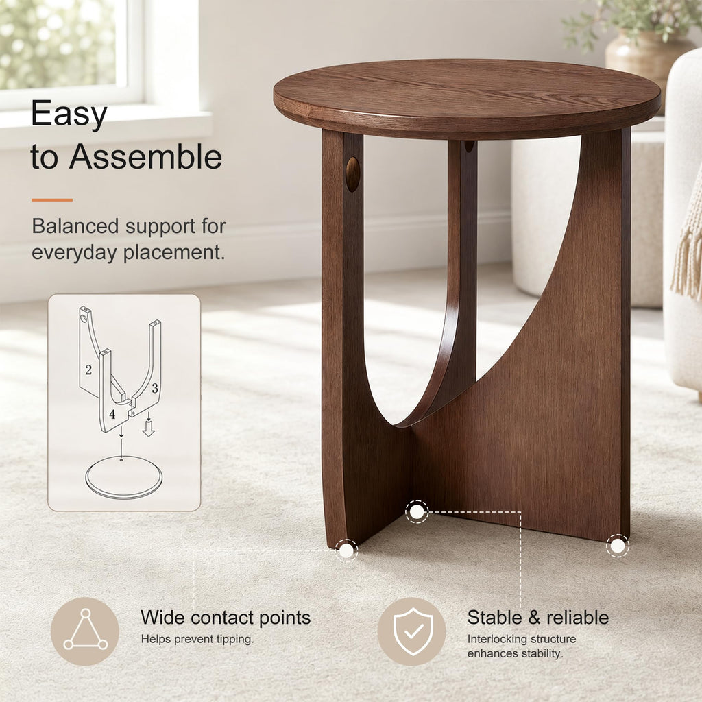 Round Side Table, 19.7" Solid Wood End Table, Mid Century Modern, Walnut
