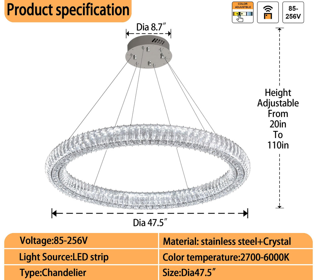 Modern LED Crystal Ring Chandelier Dimmable 47.5" Ring Pendant Light Adjustable Round Crystal Chandelier Light Living