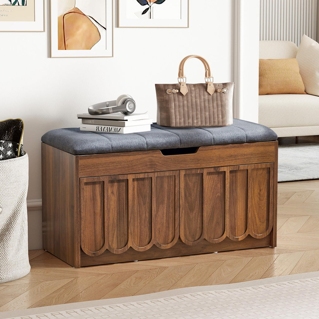 Shoe Storage Bench with Cushion, Entryway Shoe Cabinet Bench with 2 Scalloped Doors & Adjustable Shelf, 2-Tier Shoe