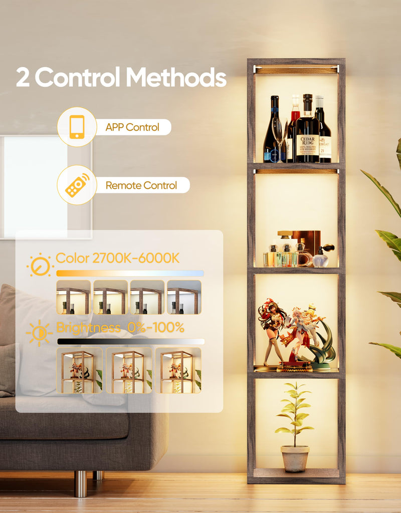 Floor Lamp Glass Display Shelf with Remote/APP Control, Dimmable LED Floor Lamp with Shelves, Open Display Cabinet