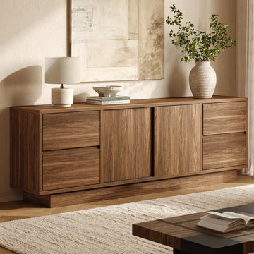 70'' TV Stand for TVs Up to 75'', Wood Entertainment Center with Sliding Doors and Drawers, Television Console