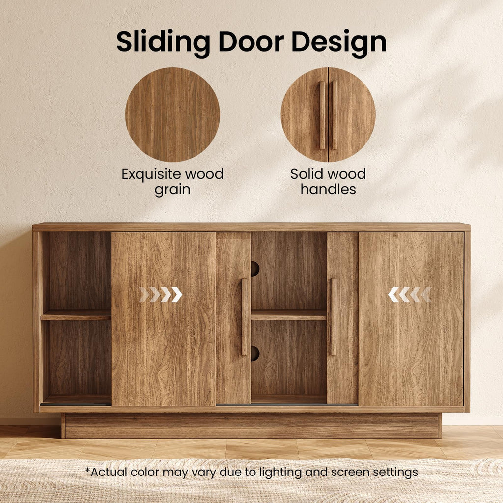63'' Sideboard Buffet Cabinet with 4 Sliding Doors, Wood Credenza Storage Cabinet with Pedestal Base, Large Side