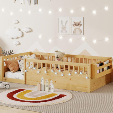 Floor Bed w/Light & Storage, Wood Montessori Platform Bed Frame w/Safety Rails, Space Saving Kids Beds for