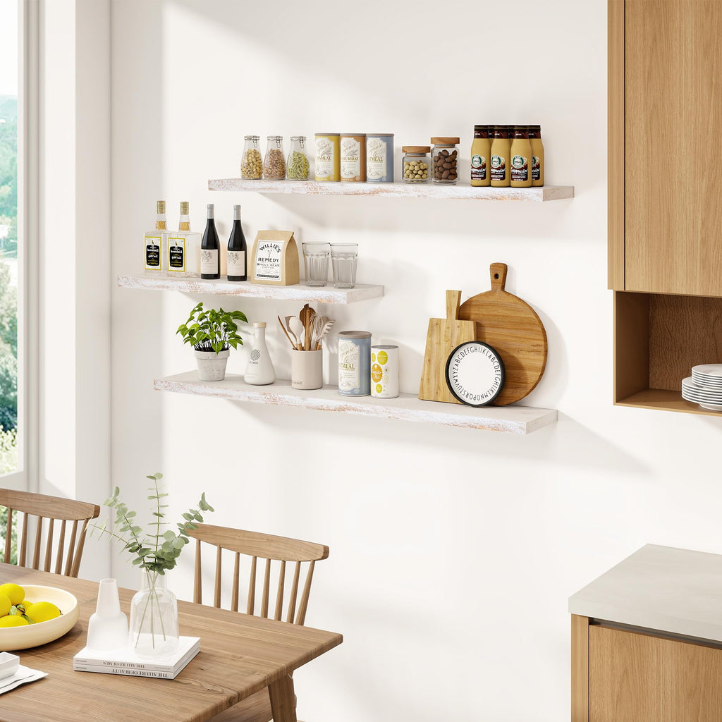 Elm Wood Floating Shelf 48x8" Set of 1, Weathered White