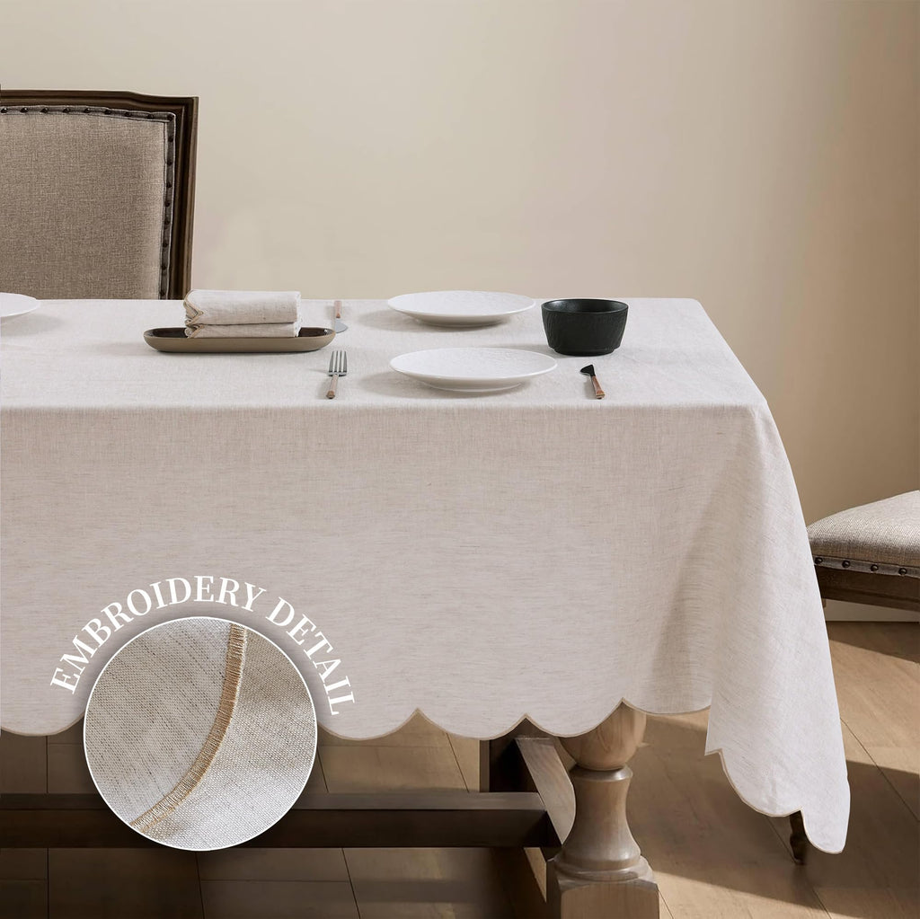 100% French Flax Linen Tablecloths Scalloped Embroidery Rectangle 84Lx60W Inch for Dinners, Parties, Spring, Easter