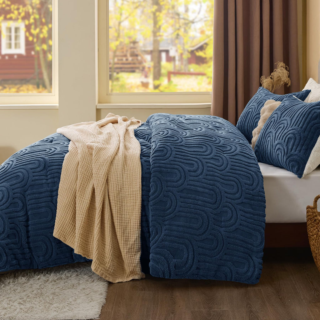 Arch Sherpa Comforter Set, Warm & Fluffy Bed Set, Navy
