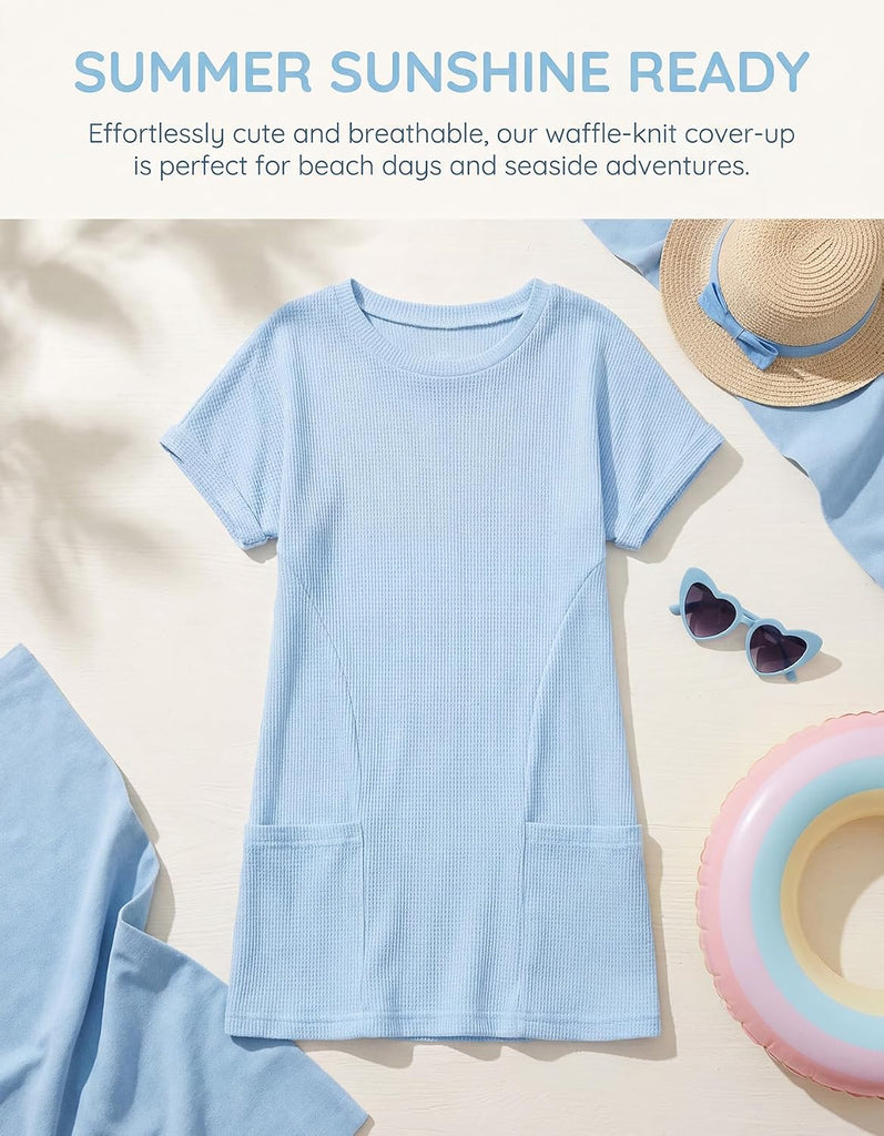 Girls Waffle Knit Swimsuit Coverup Fashion Crewneck Short Sleeve Beach Bathing Suit Dress with Pockets