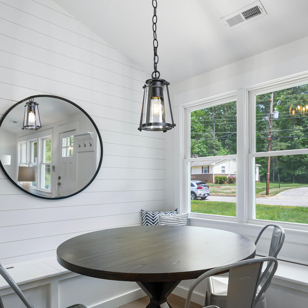 Pendant Light Kitchen Island, Black Pendant Hanging Light with Seeded Glass Farmhouse Rustic Pendant Light Fixtures