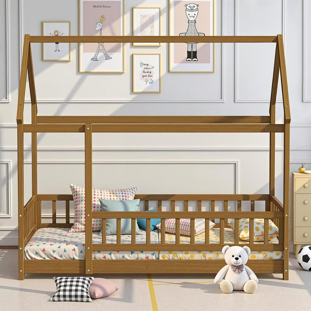 Montessori Floor Bed Frame with Slats and Fence, Wooden House Bed for Boys Girls Bedroom, Light Espresso