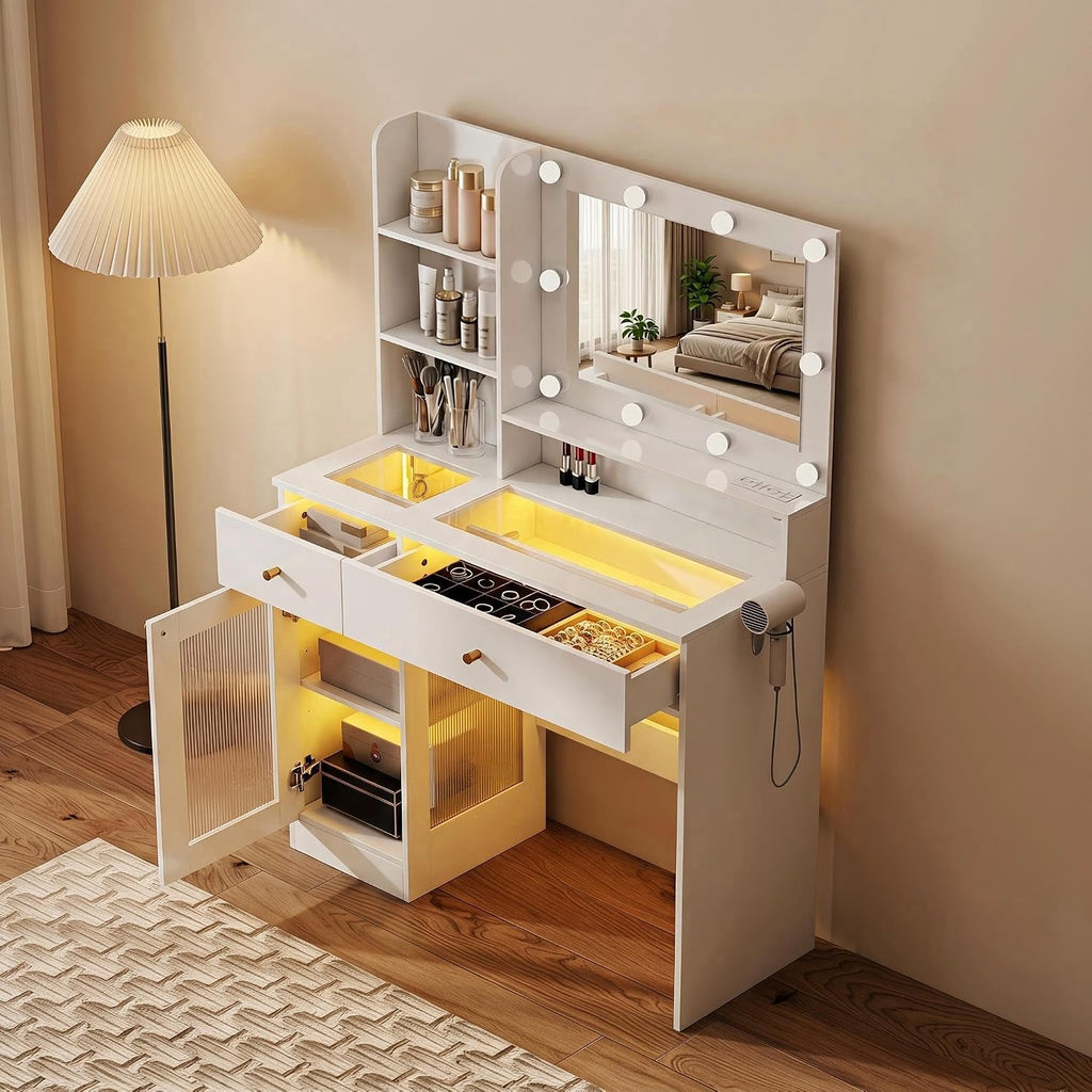 White Makeup Vanity Desk: 40" Vanity Desk with Mirror and Lights and Chair, Modern Makeup Table with Glass Top, 4