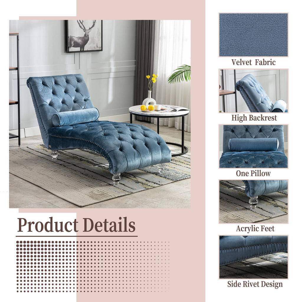 64" Velvet Chaise Lounge Chair Indoor with Ergonomic S-Shaped Backrest & 1 Pillow, Button-Tufted Accent Reclining