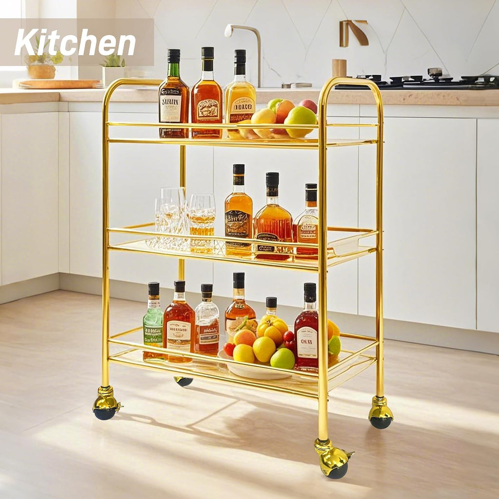 3-Tier Gold Stainless Steel Bar Cart with Lockable Wheels,Home bar | Wheels upgrated,Electroplated golden