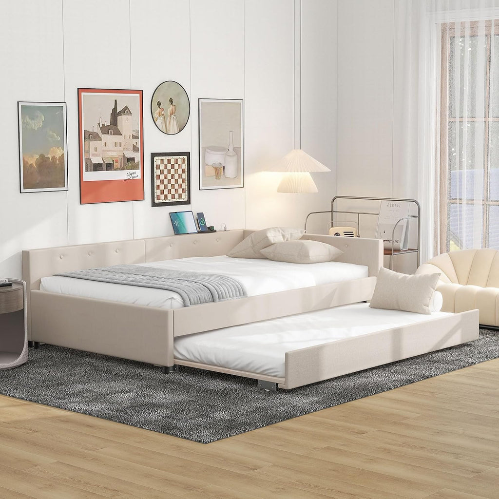 Full Size Daybed with Storage and USB, Modern Cloud Bed Frame with Twin Size Trundle, Linen Upholstered Platform Bed